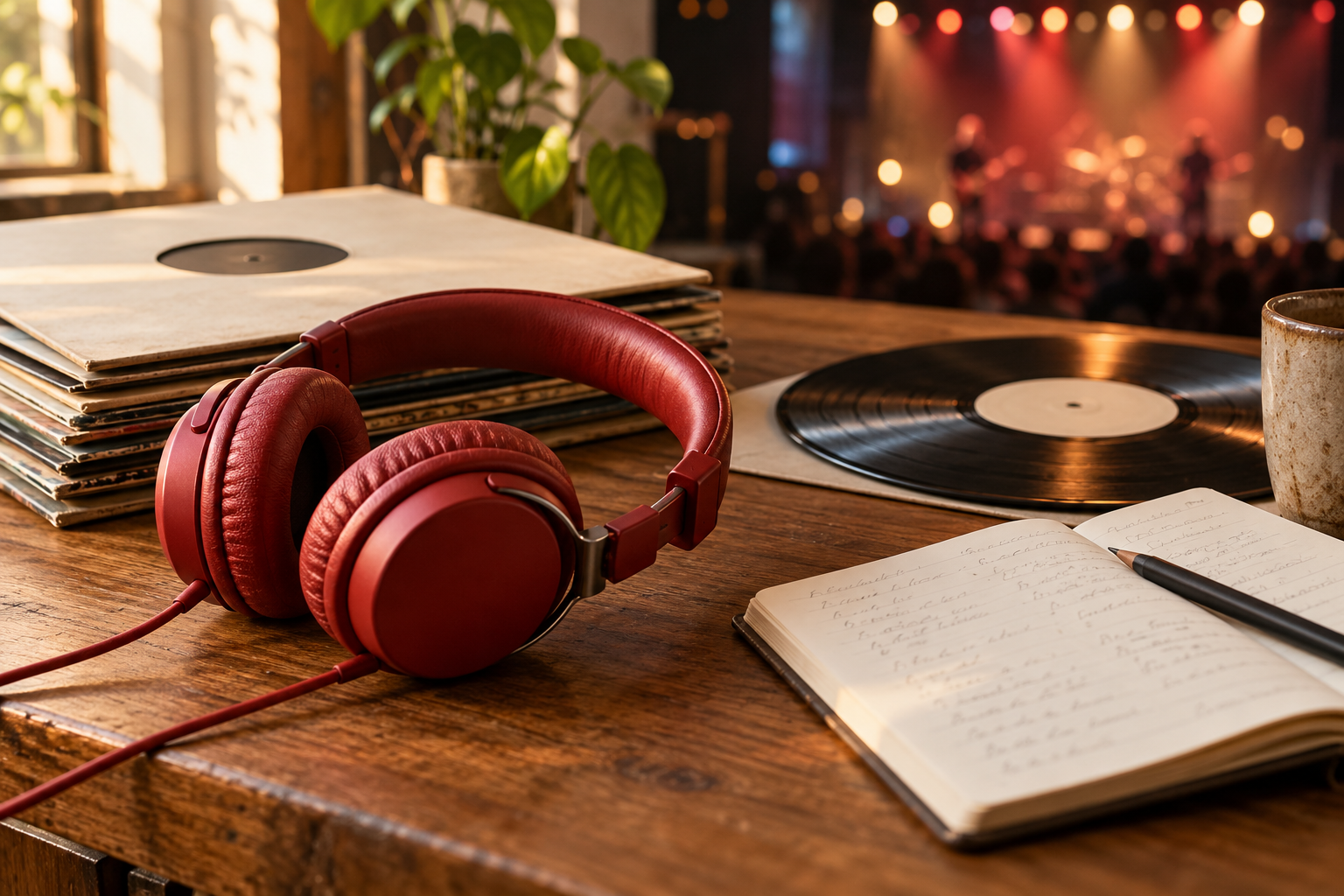 Auriculares rojos y discos de vinilo para descubrir música en español